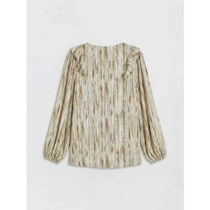 LCW Grace Haki Bağlamalı Yaka Fırfırlı Desenli Bluz