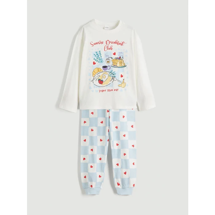 LCW Kids Ekru Bisiklet Yaka Kız Çocuk Pijama Takımı