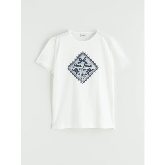 LCW Kids Ekru Baskılı Kız Çocuk Tişört