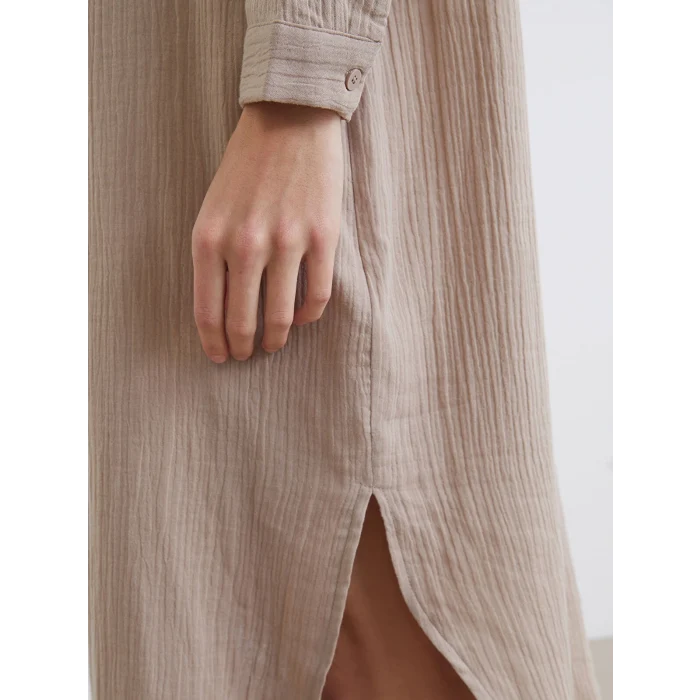 LCW EVERYDAY Bej Dokulu Yırtmaçlı Gömlek Elbise