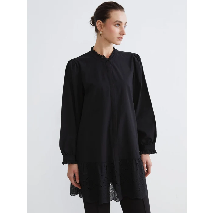 LCW Comfort Siyah Fırfırlı Hakim Yaka Kadın Gömlek Tunik