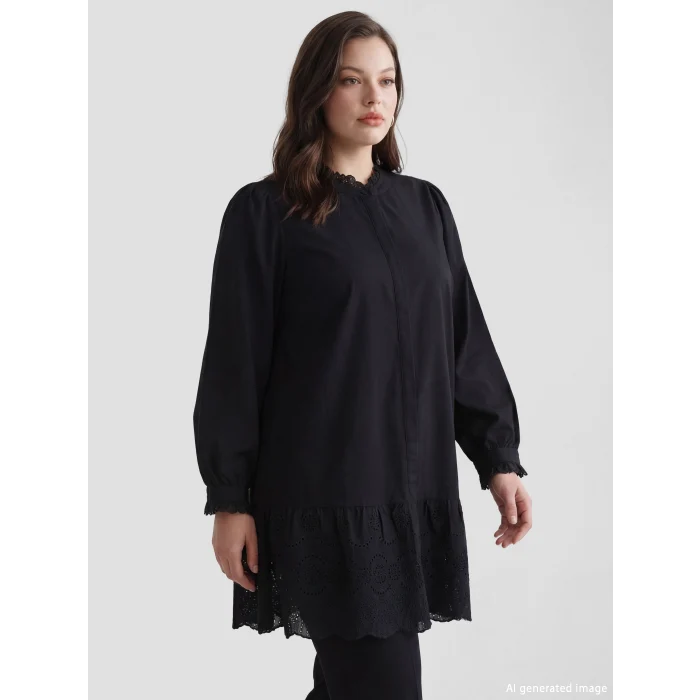 LCW Comfort Siyah Fırfırlı Hakim Yaka Kadın Gömlek Tunik