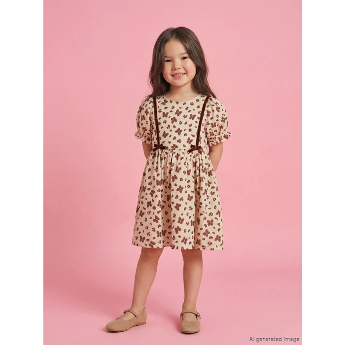 LCW Kids Bej Bisiklet Yaka Kelebek Baskılı Müslin Kız Çocuk Elbise