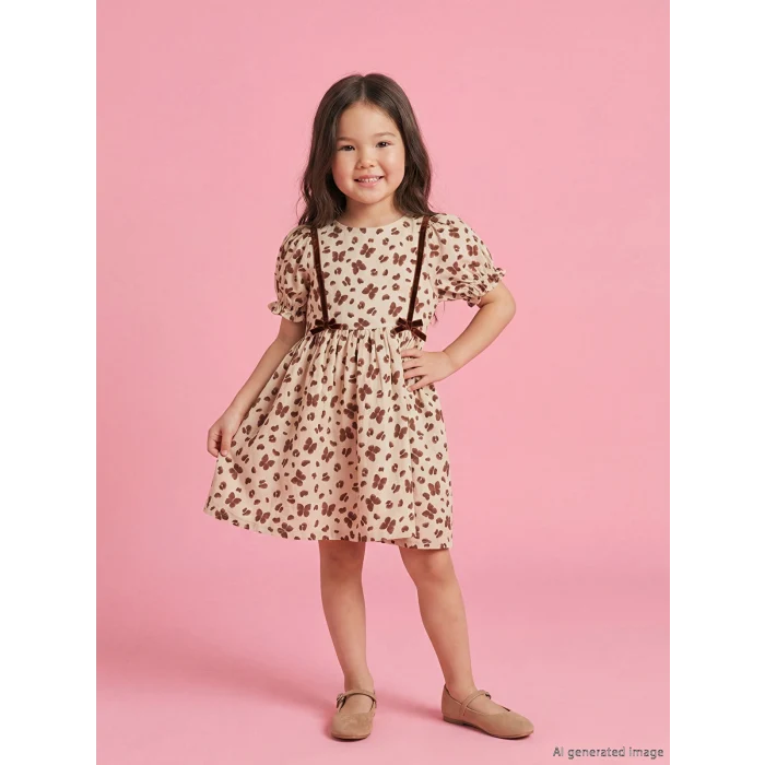 LCW Kids Bej Bisiklet Yaka Kelebek Baskılı Müslin Kız Çocuk Elbise