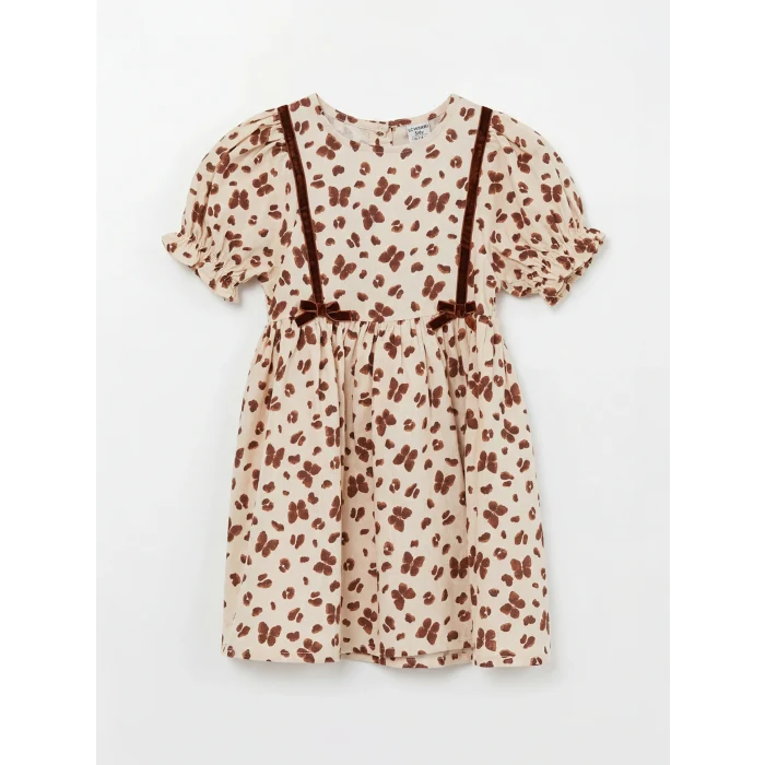 LCW Kids Bej Bisiklet Yaka Kelebek Baskılı Müslin Kız Çocuk Elbise