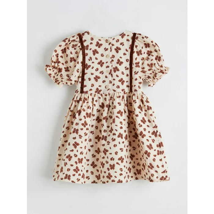 LCW Kids Bej Bisiklet Yaka Kelebek Baskılı Müslin Kız Çocuk Elbise