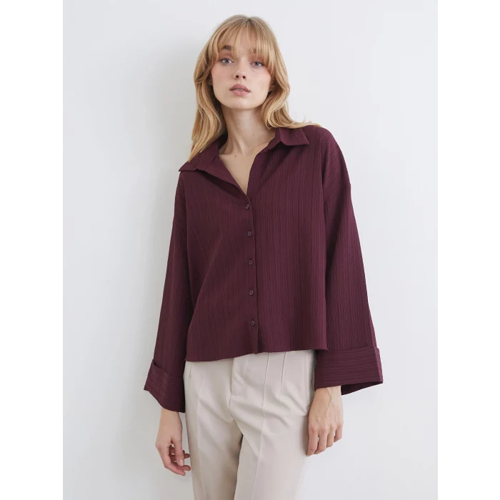LCW Vision Bordo Çizgili Oversize Kadın Gömlek