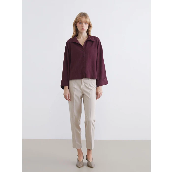 LCW Vision Bordo Çizgili Oversize Kadın Gömlek