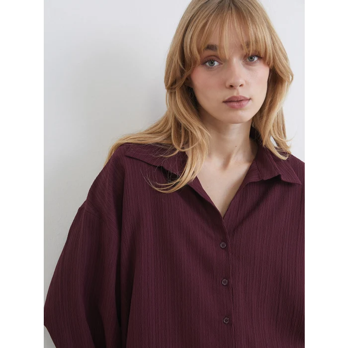 LCW Vision Bordo Çizgili Oversize Kadın Gömlek