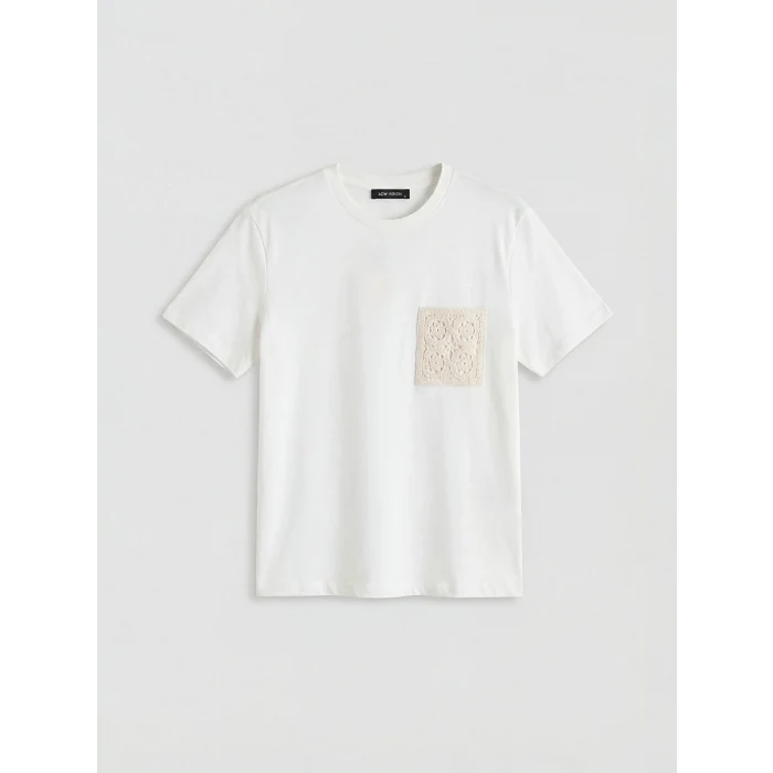 LCW Vision Ekru Bisiklet Yaka Nakışlı Kadın Tişört