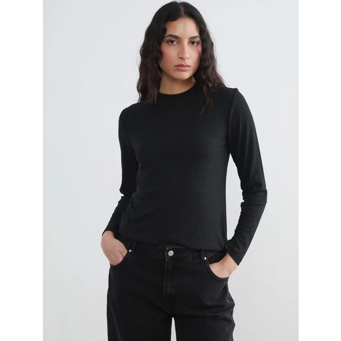 LCW Modest Siyah Bisiklet Yaka Taşlı Kadın Tişört