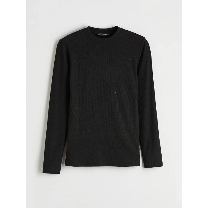 LCW Modest Siyah Bisiklet Yaka Taşlı Kadın Tişört