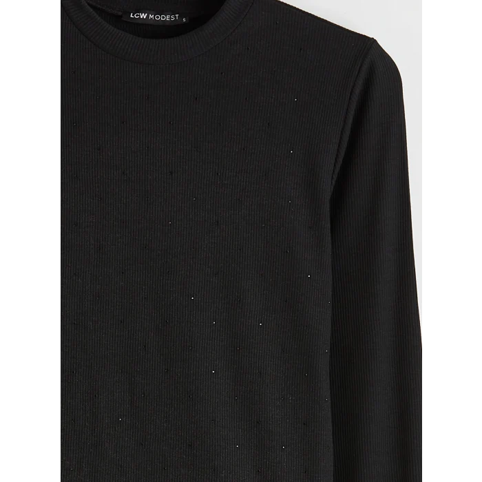 LCW Modest Siyah Bisiklet Yaka Taşlı Kadın Tişört