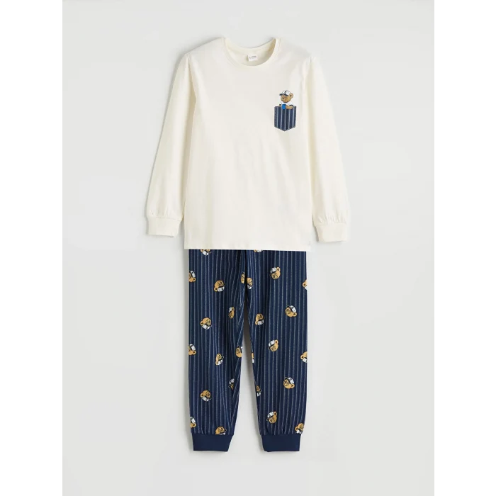 LCW Kids Ekru Baskılı Bisiklet Yaka Erkek Çocuk Pijama Takımı