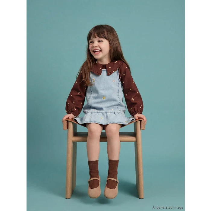 LCW Kids İndigo Kare Yaka Nakışlı Kız Çocuk Jean Salopet Elbise