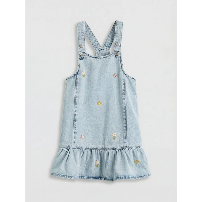 LCW Kids İndigo Kare Yaka Nakışlı Kız Çocuk Jean Salopet Elbise