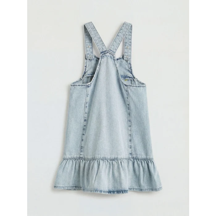 LCW Kids İndigo Kare Yaka Nakışlı Kız Çocuk Jean Salopet Elbise