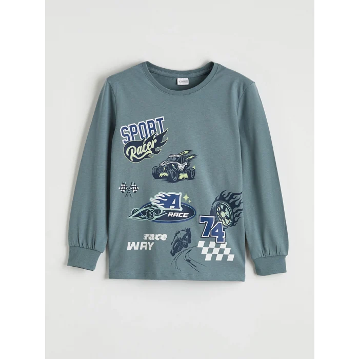 LCW Kids Mavi Baskılı Bisiklet Yaka Erkek Çocuk Pijama Takımı