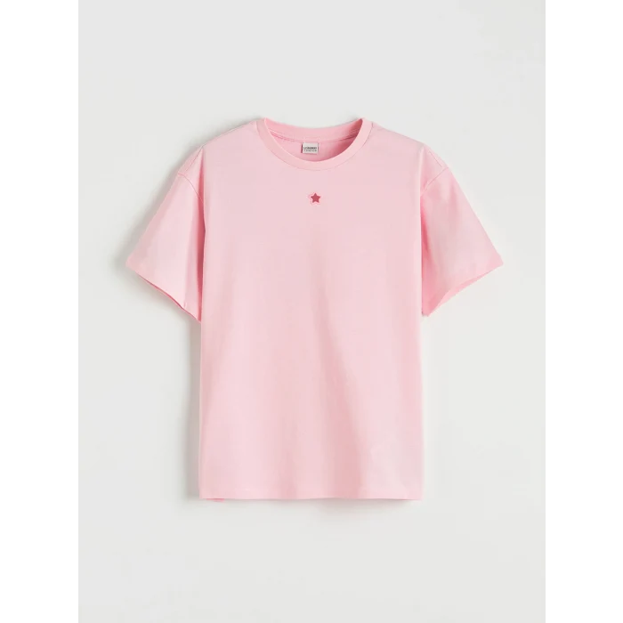 LCW Kids Pembe Bisiklet Yaka Nakış Detaylı Kız Çocuk Tişört