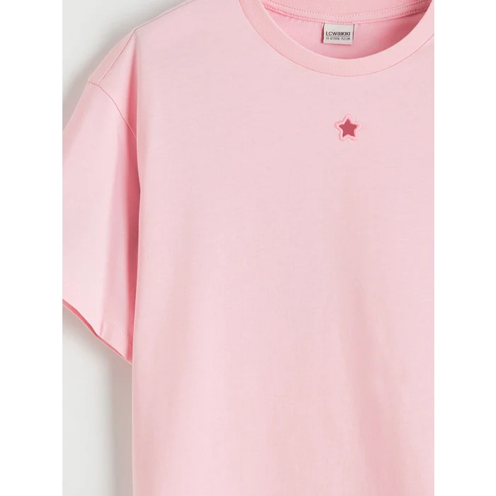 LCW Kids Pembe Bisiklet Yaka Nakış Detaylı Kız Çocuk Tişört
