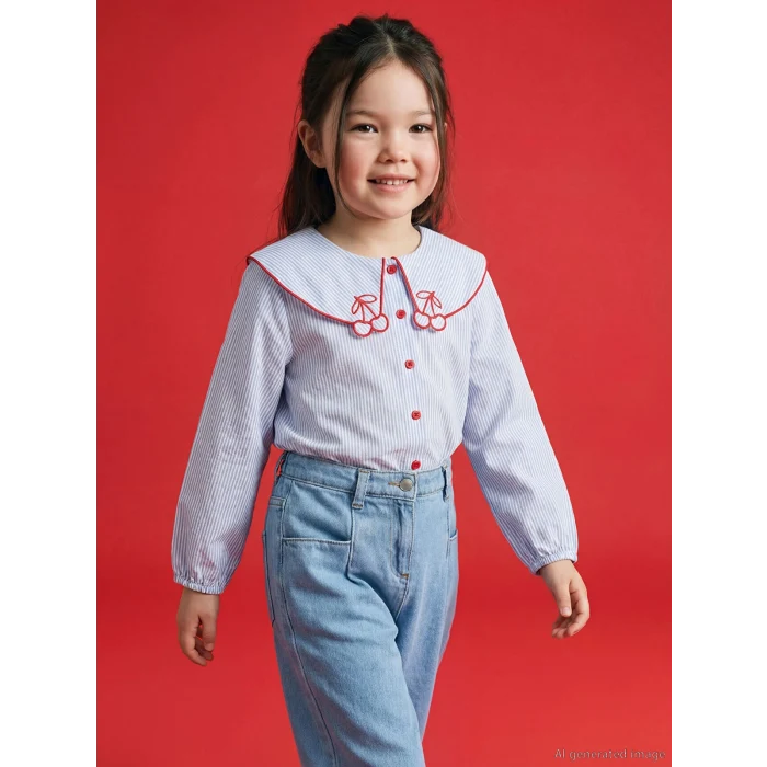 LCW Kids Mavi Bebe Yaka Nakışlı Kız Çocuk Gömlek