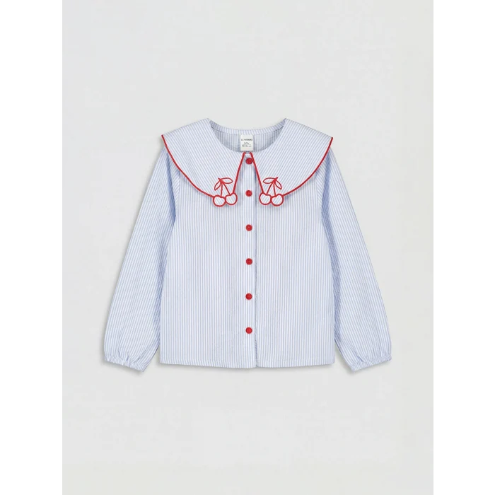 LCW Kids Mavi Bebe Yaka Nakışlı Kız Çocuk Gömlek