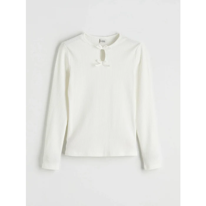 LCW Kids Ekru Fiyonk Detaylı Kız Çocuk Tişört