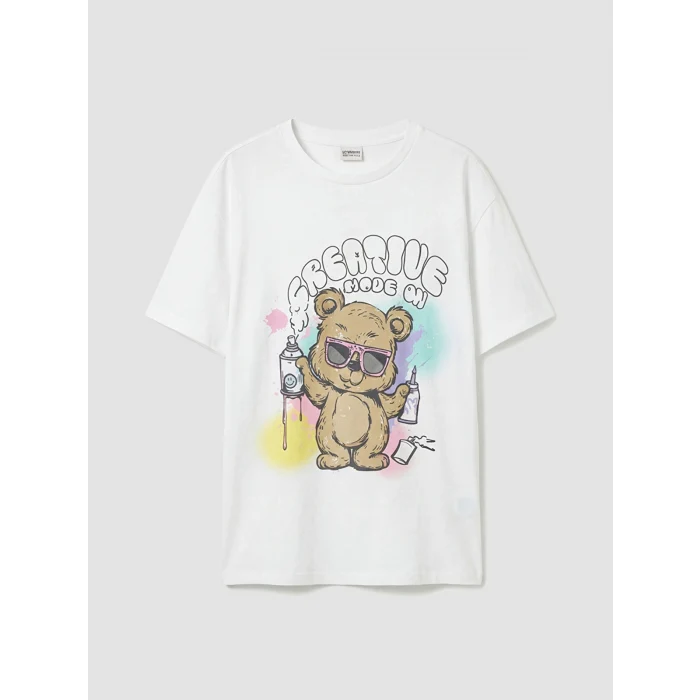 LCW Kids Beyaz Bisiklet Yaka Baskılı Kız Çocuk Tişört