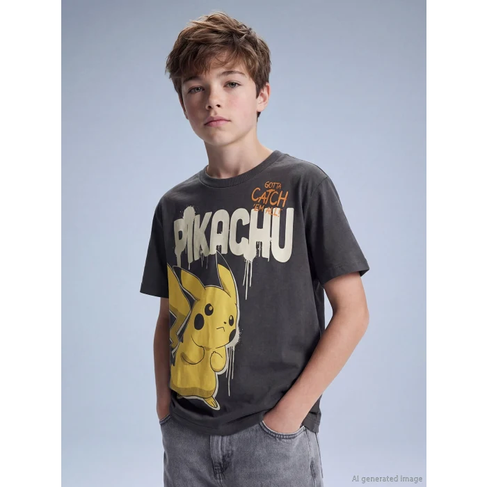 LCW Kids Antrasit Pikachu Baskılı Erkek Çocuk Tişört