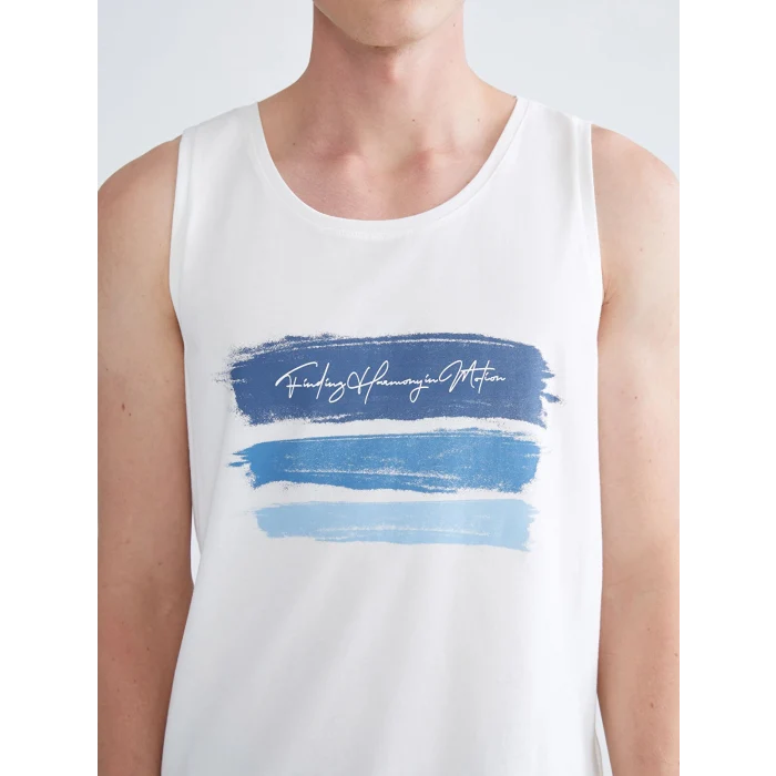 XSIDE Ekru Bisiklet Yaka Baskılı Erkek Kolsuz Tişört