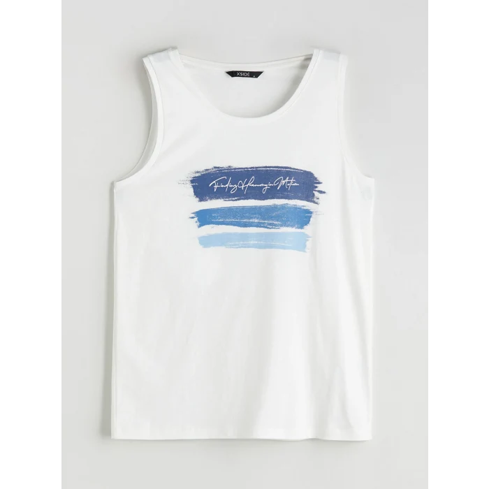 XSIDE Ekru Bisiklet Yaka Baskılı Erkek Kolsuz Tişört