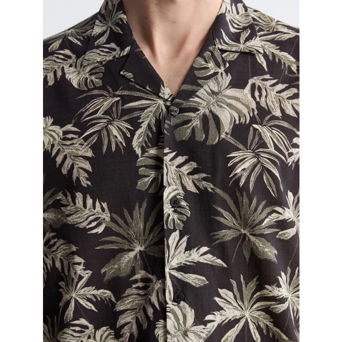 SOUTHBLUE Kahverengi Regular Fit Resort Yaka Kısa Kollu Desenli Poplin Erkek Gömlek