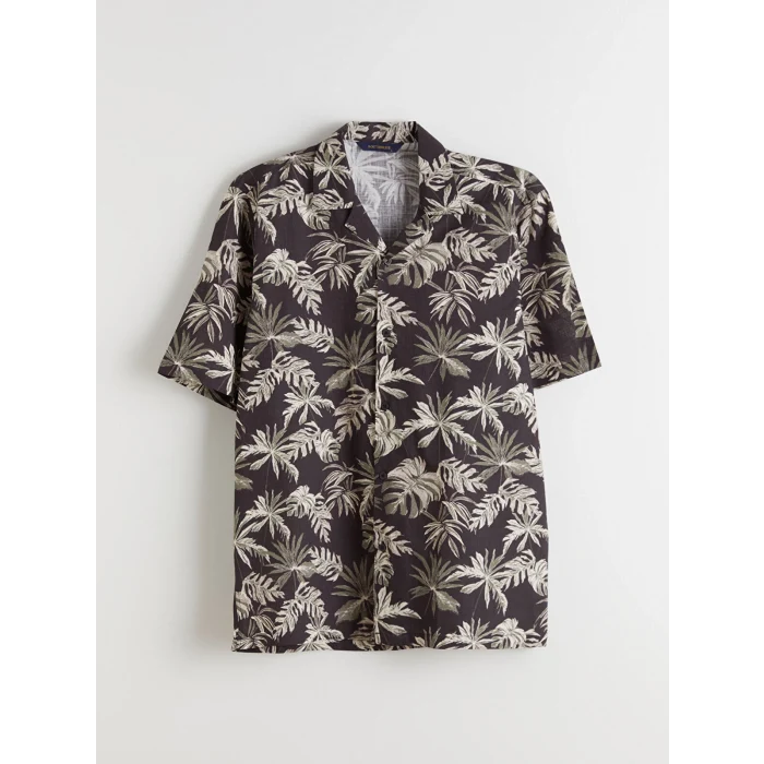 SOUTHBLUE Kahverengi Regular Fit Resort Yaka Kısa Kollu Desenli Poplin Erkek Gömlek