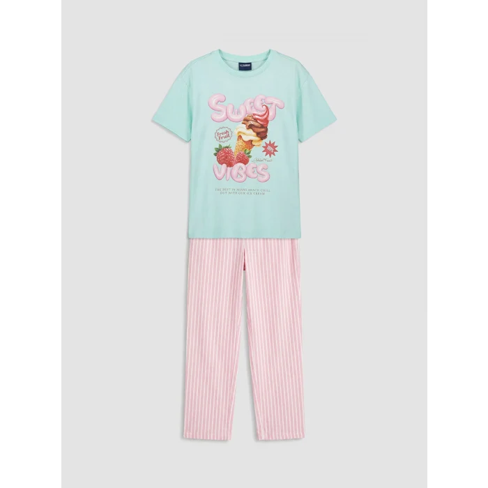 LCW Kids Turkuaz Bisiklet Yaka Baskılı Kız Çocuk Pijama Takımı