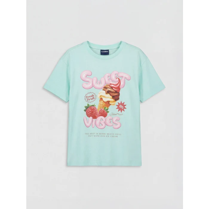 LCW Kids Turkuaz Bisiklet Yaka Baskılı Kız Çocuk Pijama Takımı