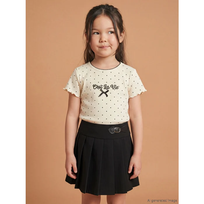 LCW Kids Ekru Bisiklet Yaka Kız Çocuk Fitilli Tişört