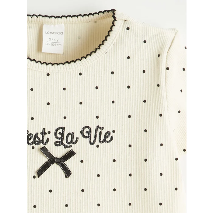 LCW Kids Ekru Bisiklet Yaka Kız Çocuk Fitilli Tişört