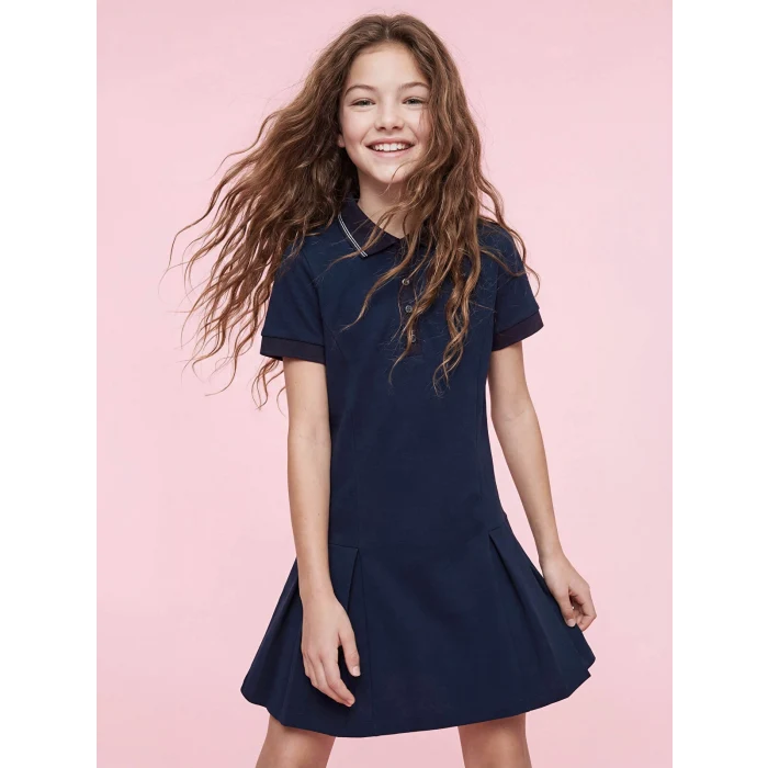 LCW Kids Lacivert Pileli Polo Yaka Kız Çocuk Elbise