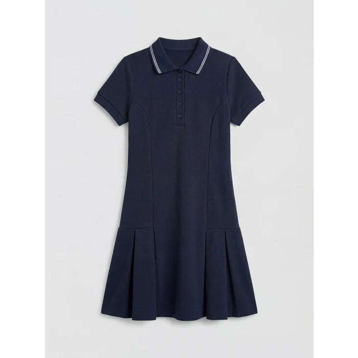 LCW Kids Lacivert Pileli Polo Yaka Kız Çocuk Elbise