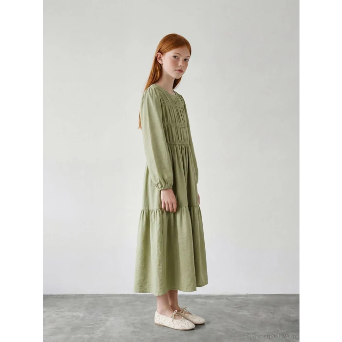 LCW Girls Studio Yeşil Bisiklet Yaka Büzgülü Kız Çocuk Elbise