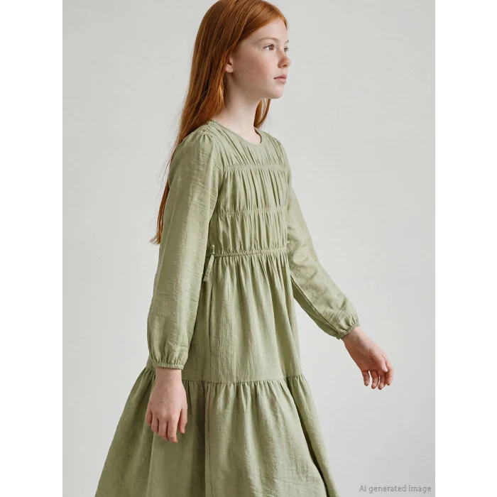 LCW Girls Studio Yeşil Bisiklet Yaka Büzgülü Kız Çocuk Elbise