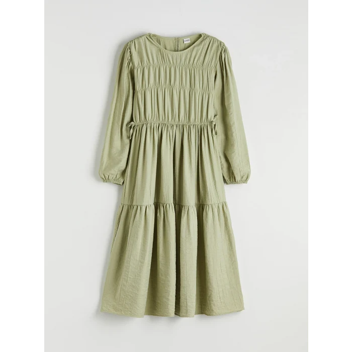 LCW Girls Studio Yeşil Bisiklet Yaka Büzgülü Kız Çocuk Elbise