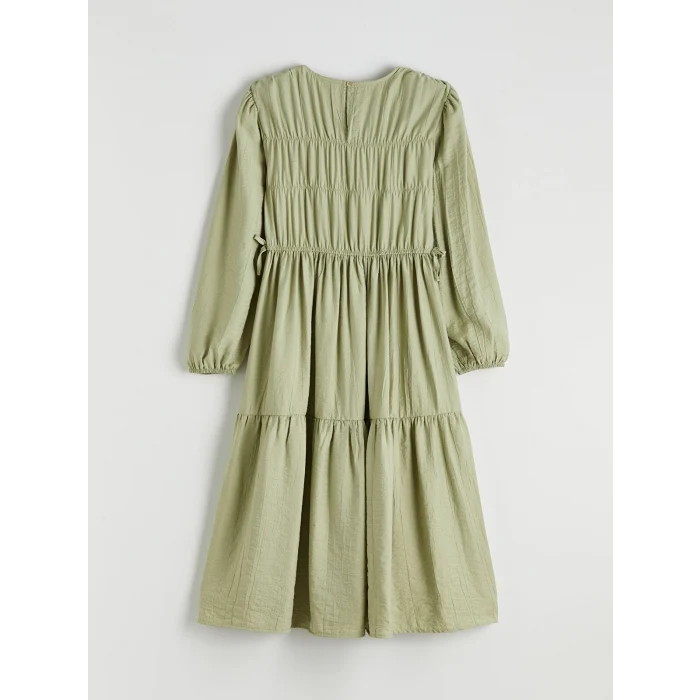 LCW Girls Studio Yeşil Bisiklet Yaka Büzgülü Kız Çocuk Elbise