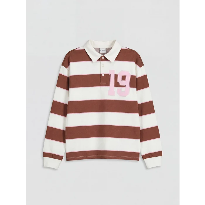 LCW Kids Kahverengi Polo Yaka Çizgili Kız Çocuk Tişört