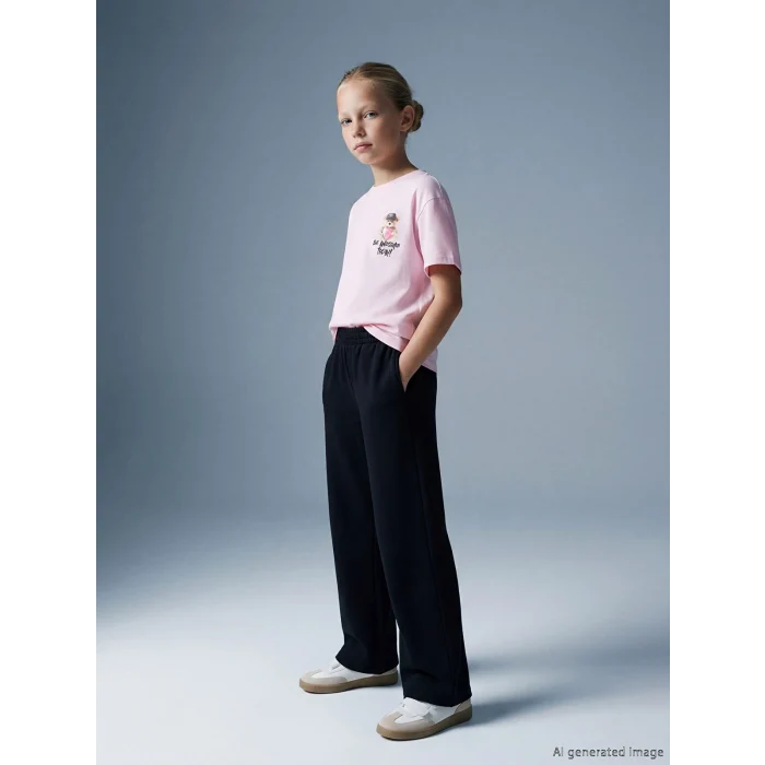 LCW Kids Siyah Geniş Paça Kız Çocuk Soft Touch Eşofman Altı