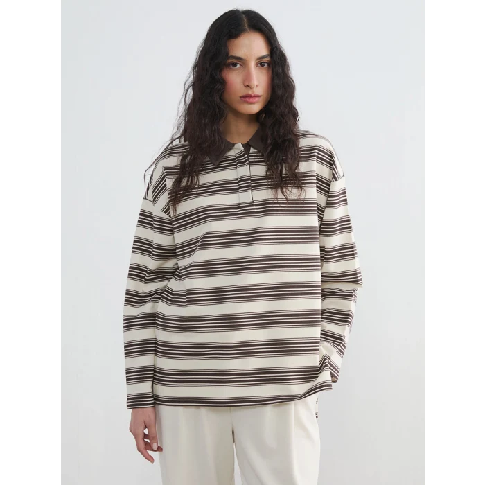 LCW Modest Ekru Polo Yaka Çizgili Kadın Sweatshirt Tunik