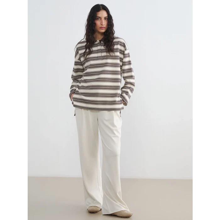 LCW Modest Ekru Polo Yaka Çizgili Kadın Sweatshirt Tunik