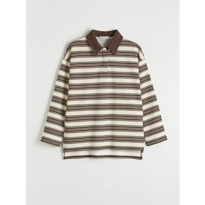 LCW Modest Ekru Polo Yaka Çizgili Kadın Sweatshirt Tunik