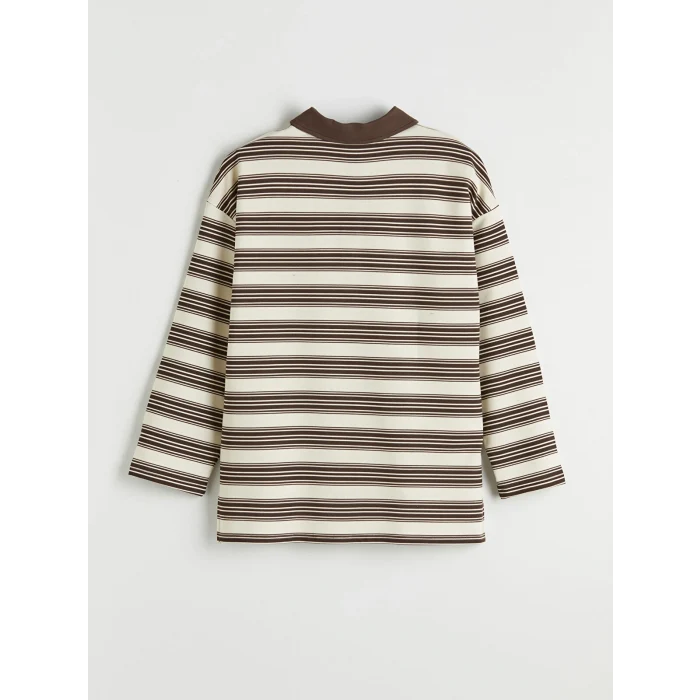 LCW Modest Ekru Polo Yaka Çizgili Kadın Sweatshirt Tunik