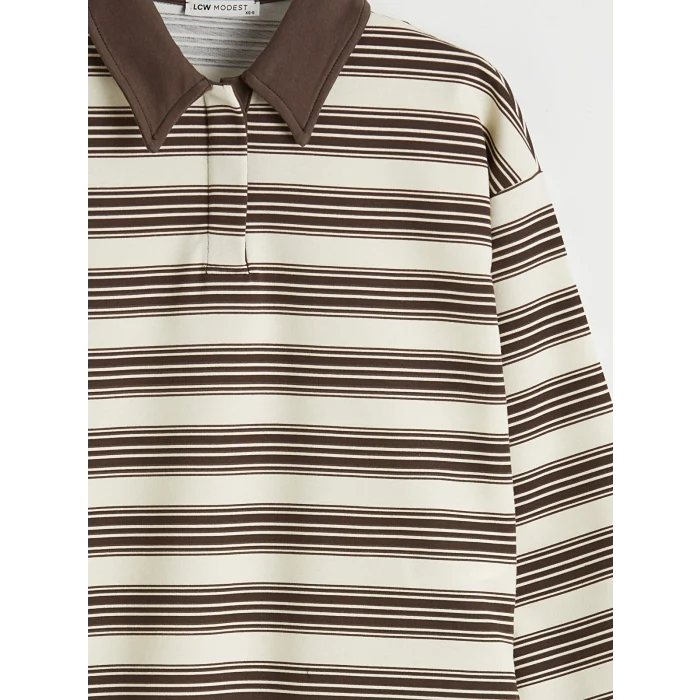 LCW Modest Ekru Polo Yaka Çizgili Kadın Sweatshirt Tunik